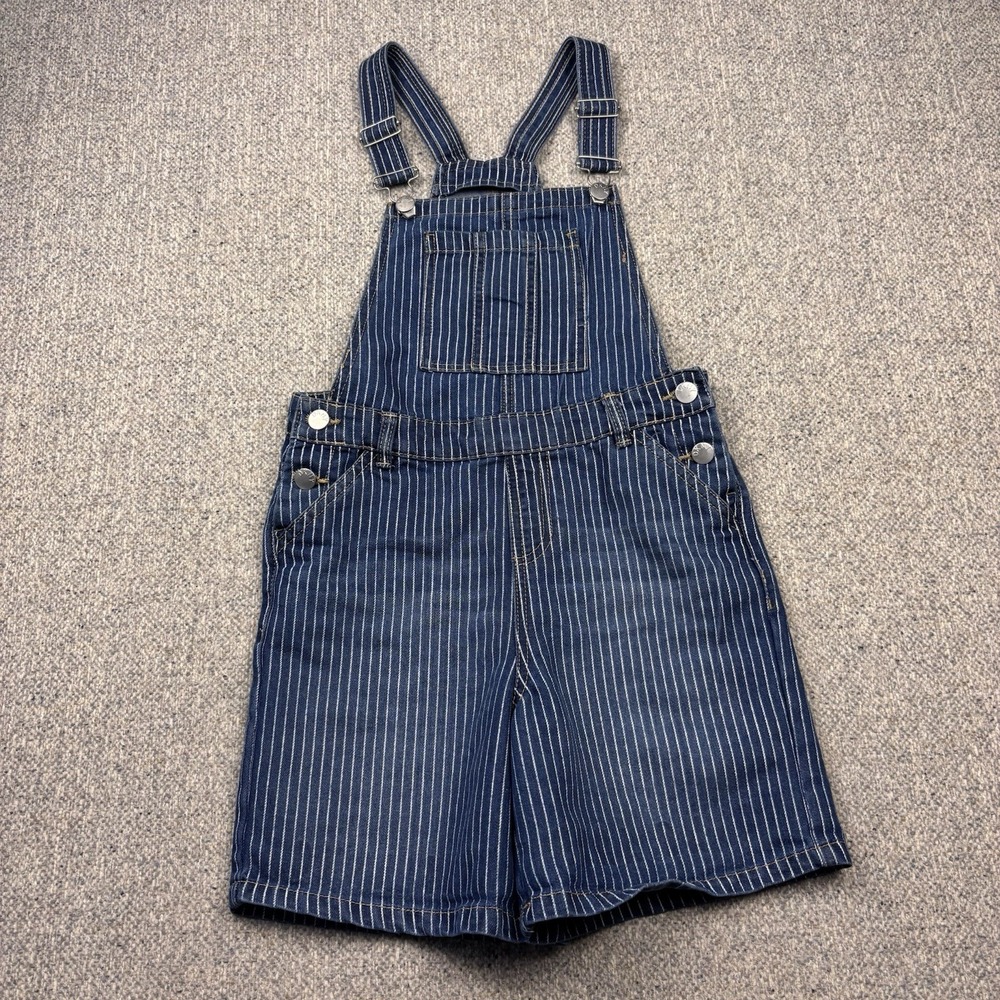 DKNY Girls Overall Shorts Blue White Stripe Adjustable Straps Size 12 Logo